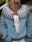 Close-up of the snowflake fair isle yoke on the denim blue cardigan
