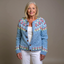 Women's Icelandic fair isle knit cardigan in dusty blue, front view