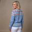 Back view of the dusty blue Icelandic knit cardigan
