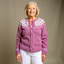 Women's Icelandic fair isle knit cardigan in dusty pink, front view