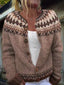 Close-up of the tonal fair isle yoke on the mocha brown cardigan