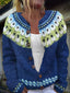 Close-up of the fair isle yoke on the royal blue cardigan