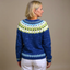Back view of the royal blue Icelandic knit cardigan