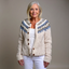 Women's Icelandic fair isle knit cardigan in sand and navy, front view