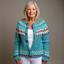 Women's Icelandic fair isle knit cardigan in teal, front view