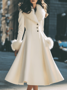Women's ivory A-line flared coat with faux fur collar and cuffs