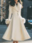 Women's ivory A-line flared coat with faux fur collar and cuffs