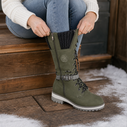 Lacing up the green knee high winter boots