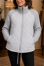 Women's knit panel quilted patchwork puffer jacket in gray