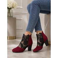 Women's lace panel block heel ankle boots in wine