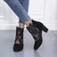 Women's Lace Panel Block Heel Ankle Boots in black, on the foot