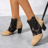 Women's lace panel block heel ankle boots in camel