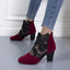 Women's Lace Panel Block Heel Ankle Boots worn with jeans