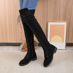 Women's lace-up back over the knee boots in black