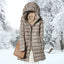 Women's long hooded puffer coat in beige