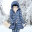 Women's long hooded puffer coat in blue
