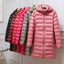 The long hooded puffer coat shown in several colours