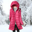 Women's long hooded puffer coat in dark pink