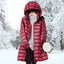Women's long hooded puffer coat in wine red
