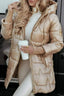 Beige satin puffer jacket shown from the front