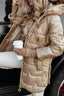 Beige satin puffer jacket shown from the side