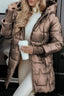 Women's long quilted puffer jacket with oversized hood in beige