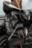 Black satin puffer jacket shown from the front