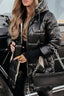 Women's long quilted puffer jacket with oversized hood in black