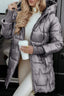 Women's long quilted puffer jacket with oversized hood in grey