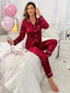 Women's Long-Sleeve Button-Up Two-Piece Pajama Lounge Set with Piped Trim