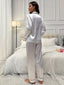 Women's Long-Sleeve Button-Up Two-Piece Pajama Lounge Set with Piped Trim