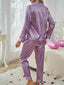 Women's Long-Sleeve Button-Up Two-Piece Pajama Lounge Set with Piped Trim