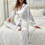 Women's Long-Sleeve Button-Up Two-Piece Pajama Lounge Set with Piped Trim in white