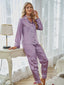 Women's Long-Sleeve Button-Up Two-Piece Pajama Lounge Set with Piped Trim