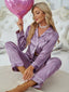 Women's Long-Sleeve Button-Up Two-Piece Pajama Lounge Set with Piped Trim