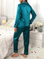 Women's Long-Sleeve Button-Up Two-Piece Pajama Lounge Set with Piped Trim