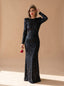 Women's Long Sleeve Sequin Maxi Dress with Open Back, black