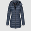 Women's longline quilted puffer coat with hood in navy blue