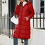 Women's mid length hooded quilted coat in red