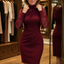Women's Mock Neck Bodycon Midi Dress with Mesh Sleeves in wine red
