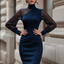 Women's Mock Neck Bodycon Midi Dress with Mesh Sleeves in navy blue