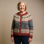 Women's Nordic fair isle knit cardigan in grey and rust, front view