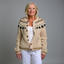 Women's Nordic fair isle knit cardigan in oatmeal and brown, front view