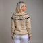 Back view of the oatmeal and brown Nordic knit cardigan