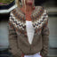 Close-up of the zigzag fair isle yoke on the taupe cardigan