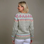 Back view of the grey floral Norwegian knit cardigan