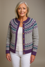 Women's Norwegian fair isle knit cardigan in grey and purple, front view