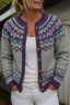 Close-up of the purple and teal fair isle yoke on the grey cardigan