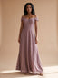 Women's Off-Shoulder Glitter A-Line Gown with Draped Cap Sleeves, light pink