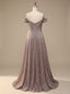 Women's Off-Shoulder Glitter A-Line Gown with Draped Cap Sleeves